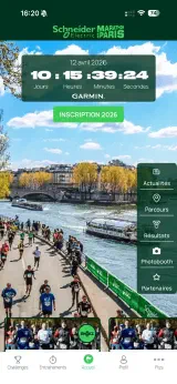Application mobile Schneider Marathon de Paris, écran d'accueil le jour de course