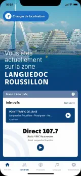 Application mobile Radio VINCI Autoroutes, écran d'accueil avec trafic en direct